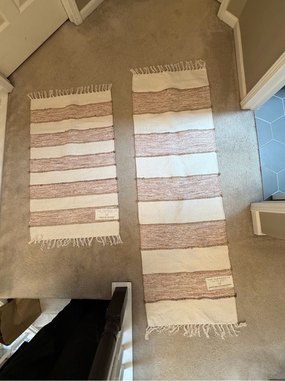 The Farmhouse Collection Cream and Brown Striped Cotton Runner and Mat Set